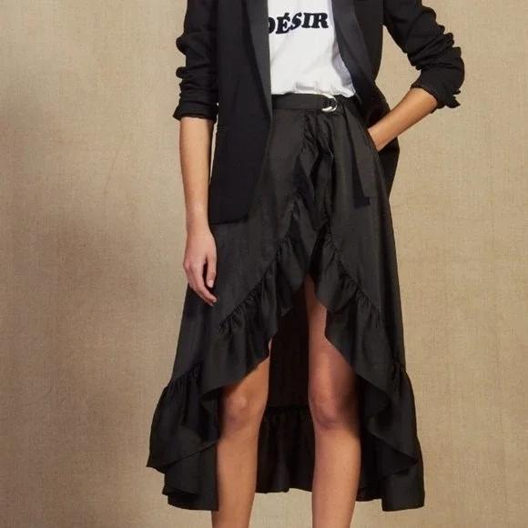 Sandro Black Satin Ruffle Belted Midi Skirt Size 2 - Picture 8 of 11